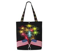 ENGhjes Independence Day America Flag Fireworks Polyester Canvas Tote Bag Reusable Soft Grocery Cloth Bag Shoulder Bag For Beach Travel Shopping