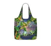 ENGhjes Many Frogs Sing on The Branches Summer Butterflies Lake Water Printed Lightweight Foldable Tote Bag, Reusable Shopping Bag 25L for Daily Commute and Travel