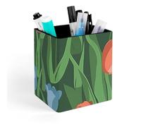 ENGhjes Pretty Pink Yellow Tulips Square Pen Holder,Desk Organizer Storage Box,Minimalist Office Supplies Workspace Tray