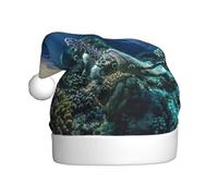 ENGhjes Sea Turtle Floating Up And Over Coral Printing Holiday Plush Unique Stylish Adult Women Men Santa Hat Winter Christmas Hats Xmas Party Caps