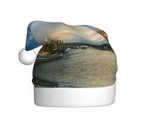 ENGhjes Sunset Over Eiffel Tower And Seine River Paris Printing Holiday Plush Unique Stylish Adult Women Men Santa Hat Winter Christmas Hats Xmas Party Caps