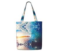 ENGhjes Sunset Sea Surfing Seascape Polyester Canvas Tote Bag Reusable Soft Grocery Cloth Bag Shoulder Bag For Beach Travel Shopping