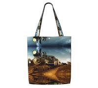 ENGhjes Train And Railway Polyester Canvas Tote Bag Reusable Soft Grocery Cloth Bag Shoulder Bag For Beach Travel Shopping