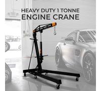 Engine Crane 1 Tonne Ton 1000kg Hydraulic Pump Handle Folding Legs Hoist Lift Jack Stand Handle 6 Portable Heavy Duty Wheels Workshop Garage 4 JIB Positions Chain Hook Black Powder Coated Steel