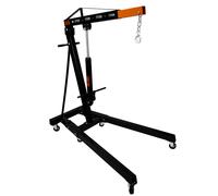 Engine Crane 2 Tonne Ton 2000kg Hydraulic Pump Handle Folding Legs Hoist Lift Jack Stand Handle 6 Portable Heavy Duty Wheels Workshop Garage 4 JIB Positions Chain Hook Black Powder Coated Steel