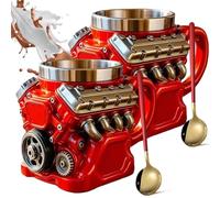 Engine Themed Coffee Mug, 3D Retro Engine Mechanic Mug, Stainless Steel Double Wall Insulation Car Cup with Handle for Car Enthusiast and Engineers (2Pcs)