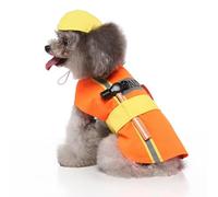 Engineer Dog Costume, M Size 11.8 in x 16.9 in, with Hat and Toy Hammer, Orange Pet Cosplay Outfit for Small Dogs, Reflective Strips, Back Pocket Detail, Fun Party Look for Photos and Events