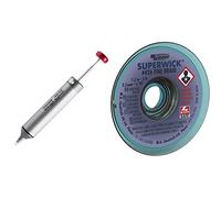 engineer SS-02solder sucker pump with innovative 'enveloping' silicone nozzle. Made in Japan,Grey & MG Chemicals Desoldering Braid #4 Fine Braid Super Wick with RMA Flux, 5' Length x 0.1" Width, Blue