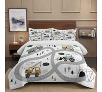 Engineering Map Style Coverless Super King Duvet Set 3 Pieces | with 2 Pillowcases Coverless Duvet with Grey Trucks, Roads, Tunnels Washable Reversible All Seasons Lightweight Warm - 260 x 240 cm