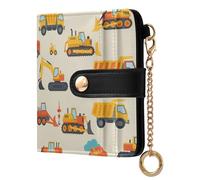 Engineering Vehicle Beige Pattern Small Women Wallet PU Leather RFID Blocking Bifold Compact Card Holder with Zipper Coin Pocket Purse for Women Ladies Girls