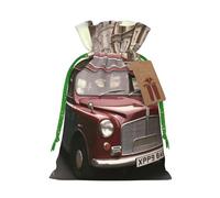 England Car Printed Christmas Drawstring Bags Reusable Xmas Bag for Party Xmas Gift Wrapping, Green Ribbon, S