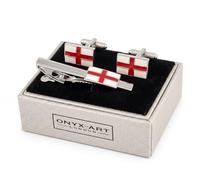 England Flag Cufflinks and Tie Bar Set for Men - Onyx Art TBC13 White & Red Enamel St George's Cross Cuff Links with Matching Tie Clip, Englishman & Patriot Novelty Gift, In Premier Life Packaging