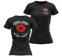 England Never Forget Womens T Shirt - Red Poppy Front and Back Print - Ladies Remembrance Tee - English Pride Patriotic British Top, XXL, Black