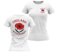 England Never Forget Womens T Shirt - Red Poppy Front and Back Print - Ladies Remembrance Tee - English Pride Patriotic British Top, L, White