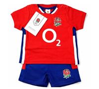 England Rugby RFU Baby Shirt & Short Set, Red Shirt Navy Shorts, Away Kit, Embroidered Crest, 100% Cotton (2-3 years)