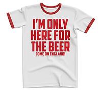 England Shirt - Mens Im Only Here for The Beer England T Shirt - Football Country European English Tournament Gifts for Him - Unique Footy Top, M, White/Red