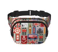 England Symbols Print Square Double Layer functionality Waist Bag Unisex Crossbody Pack Travel Workout, Black, One Size
