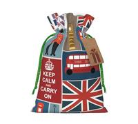 England Symbols Printed Christmas Drawstring Bags with Green Christmas Ribbon - Reusable Burlap Drawstring Gift Pouches, S