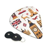 England Symbols Printed Guitar Picks, 6 Pack with Leather Keychain Pick Holder - 0.46mm, 0.71mm, 0.96mm Assorted Thickness for Acoustic Ukulele, Electric Guitar, Acoustic Guitar, Bass