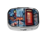 England UK London Telephone Square Mini Pill Case, Compact Metal Pocket Pill Box with 2 Compartments for Travel