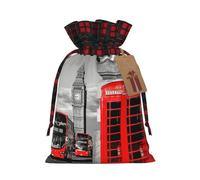 England UK Retro London Telephone Christmas New Year Candy Gift Bags M Size Drawstring Bags for Kids Xmas Holiday Xmas Eve Presents