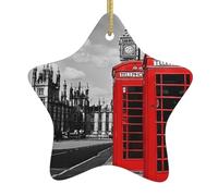 England UK Retro London Telephone -Print Christmas Ceramic Star Ornaments - Handmade Ceramic Holiday Decor With Gold String For Tree Home Festival.