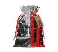 England UK Retro London Telephone -Print Reusable Burlap Pouches Drawstring Bags, Rustic Wedding Christmas Party Favors Bulk Packaging.