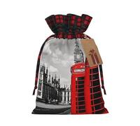(England UK Retro London Telephone) Reusable M Size Bag Sack With Drawstring Eco-Friendly Plaid Burlap Pouch For Party Wedding Favors.