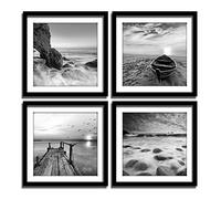 ENGLANT-4 Panels Set Framed Canvas Print for Seascape Beach and Boat Sunrise Scenery Black and White Giclee Canvas Print Wall Art Ready to Hang