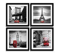 ENGLANT 4 Pieces Framed Canvas Wall Art, Black White and Red Wall Decor Landscape Poster with Eiffel Tower, Brooklyn Bridge, London Big Ben Picture for Bedroom and Bathroom