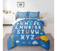 English Alphabet Comforter Set Twin Size for Kids Truck Excavator Bedding Sets All Season Construction Transport Car Quilt Set Bedroom Decor Tower Crane Down Comforter,2Pcs