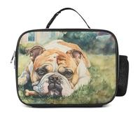English Bull Dog Lying On Grass Insulated Lunch Bag Reusable Cooler Tote Leakproof Lunchbox Organizer with Detachable Handle