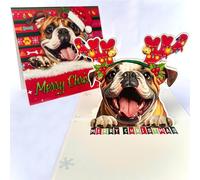 English Bulldog Christmas Pop Up Card - 3D Holiday Greeting Card Featuring Bulldog with Festive Reindeer Antlers, Perfect for Dog Lovers, Unique Christmas Gift Card for Friends and Family