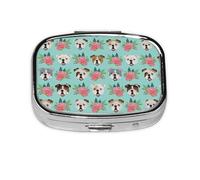 English Bulldog Faces Vintage Florals,Meta Pill Box 2 Compartment Medicine Case,Portable Organizer,Rectangle Meta Portable Organizer Pill Box 1303 Compartment Medicine Case