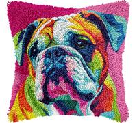 English Bulldog Latch Hook Kits Pillow Colorful Printed Cushion Crochet Yarn Needlework DIY Hook Latch Kit Pillowcase Rug Cover Home Sofa Christmas Decoration 43x43cm(1)