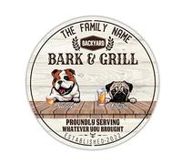 English Bulldog & Pug Bull Dog Round Metal Tin Signs Custom Family Dog Name Art Tin Sign Bark & Grill Vintage Wall Art Metal Sign Decoration for Men Cave Bar Home Bedroom Door 12x12in