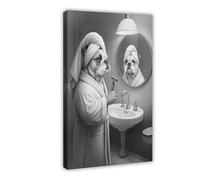 English Bulldog Shaving with Razor in Mirror (2) Canvas Poster Bedroom Decor Landscape Office Room Decor Gift 12x18inch(30x45cm)