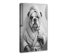 English Bulldog Shaving with Razor in Mirror Canvas Poster Wall Art Decor Print Picture Paintings for Living Room Bedroom Decoration 20x30inch(50x75cm)