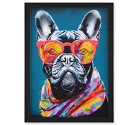 English Bulldog with Neon Bandana and Sunglasses Artwork Framed Wall Art Print A4 Artery8 Black One Size