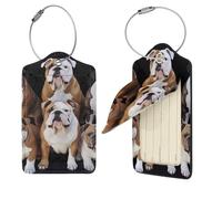 English Bulldogs Luggage Tags for Suitcases, Travel ID Labels with Stainless Steel Loop Unique Leather Suitcase Tags Identifiers with Privacy Name Address Labels Luggage Bag Tag, Black, 2 Pcs