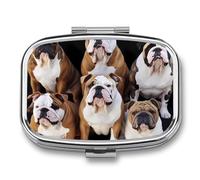 English Bulldogs Pill Box - 2 Compartment Travel Pill Organizer with Small Mirror, Portable Pillcase for Pocket & Purse, Cute Square Medicine Case, Weekly Medicine Container
