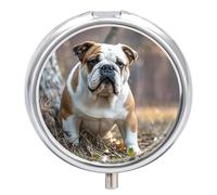 English Bulldogs Pill Box 3 Compartment Waterproof Pill Container with Mirror Metal Medicine Box Organizer Portable Vitamin Case for Pocket & Purse Travel - Round