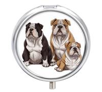 English Bulldogs Round Pills with 3 Compartments, Portable Travel Pill Organizer Box, Mini Metal Pill Holder and Vitamin Containers for Fish Oil and