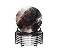 English Cocker Spaniel Brownish White Curly Dogs,Round Ceramic Coasters, Mugs Pad, Cups Mat Set of 6 Drinks Coasters With Holder