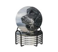 English Cocker Spaniel Large Curly Ears Black,Round Ceramic Coasters, Mugs Pad, Cups Mat Set of 6 Drinks Coasters With Holder