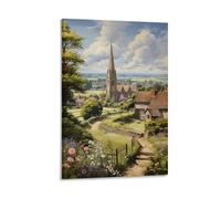 English Countryside Village Scene Vintage Romantic Country Style, Sleepy Country Church, Idyllic Poster Canvas Poster Wall Art Decor Print Picture Paintings for Living Room Bedroom Decoration 12x18inc