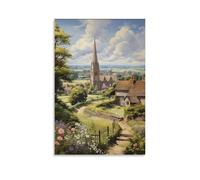 English Countryside Village Scene Vintage Romantic Country Style, Sleepy Country Church, Idyllic Poster Canvas Poster Wall Art Decor Print Picture Paintings for Living Room Bedroom Decoration 08x12inc
