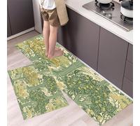 English Forest Kitchen Rug Set 2 Pieces, Non-Slip and Washable Kitchen Runner Mat Medieval Illustrations Standing Mats for Hallway, Dining Room and Entryway - 43x75cm+43x150cm, Sage Green