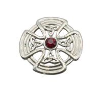 English Handmade Pewter Celtic Cross Round with Red Stone Brooch, Antiqued Finish Hand-Cast, 61 x 61mm, with Velvet Gift Pouch