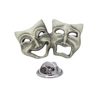 English Handmade Pewter Comedy & Tragedy Theatre Masks Lapel Pin Badge 30 x 15mm, Presented in a Gift Box